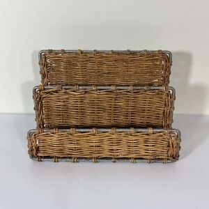 VINTAGE Woven Wicker Mail Letter Magazine Files Tiered DESK Caddy Holder Boho